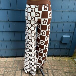 Retro Brown and White Wide Leg Jumpsuit with Geometric Print